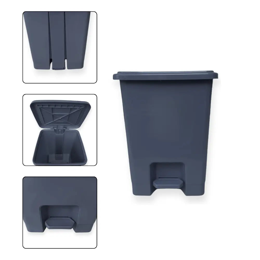 Grey trash bin with different angles shown