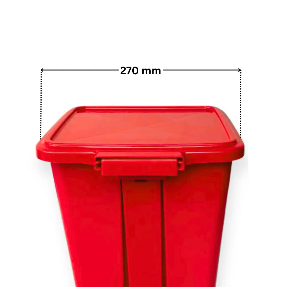 Red trash bin with dimensions indicated