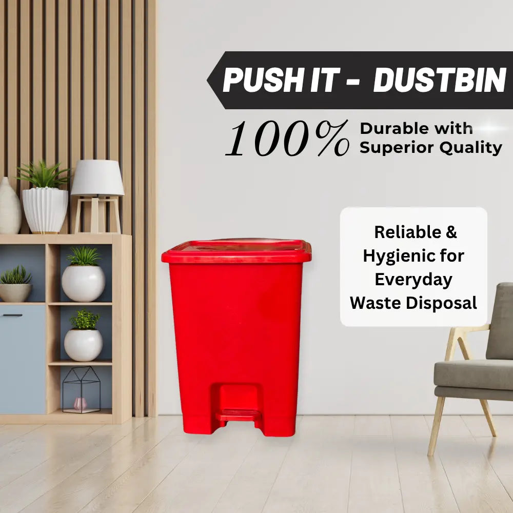 Red dustbin in a room with furniture and decor, featuring text about durability and hygiene.
