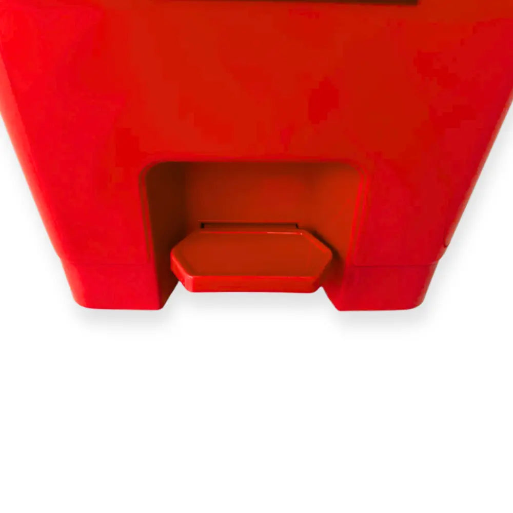 Red trash bin with foot pedal