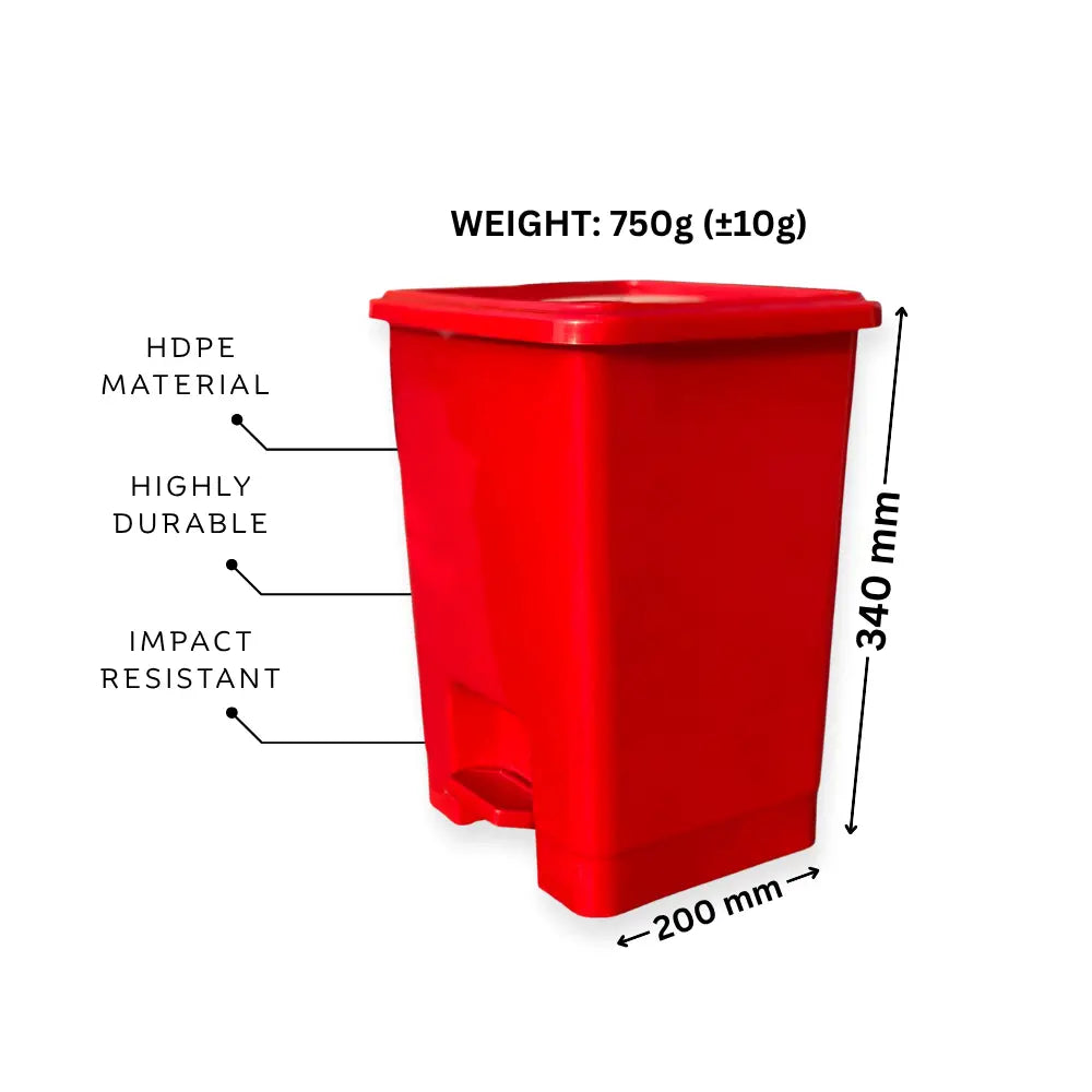 Red trash bin with specifications
