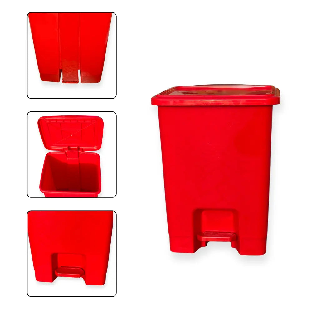 Red step-on trash can with inset images showing different angles