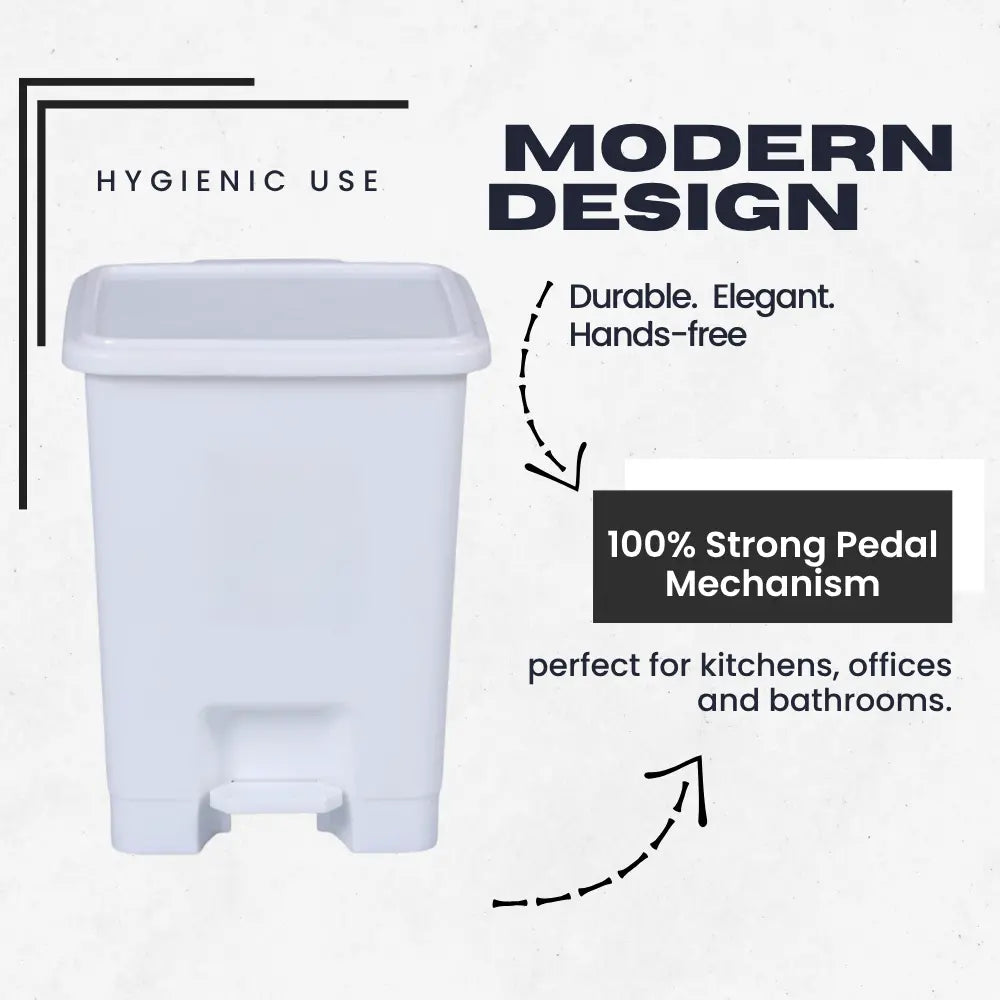 White pedal bin with text highlighting hygienic use, modern design, durability, and strength.