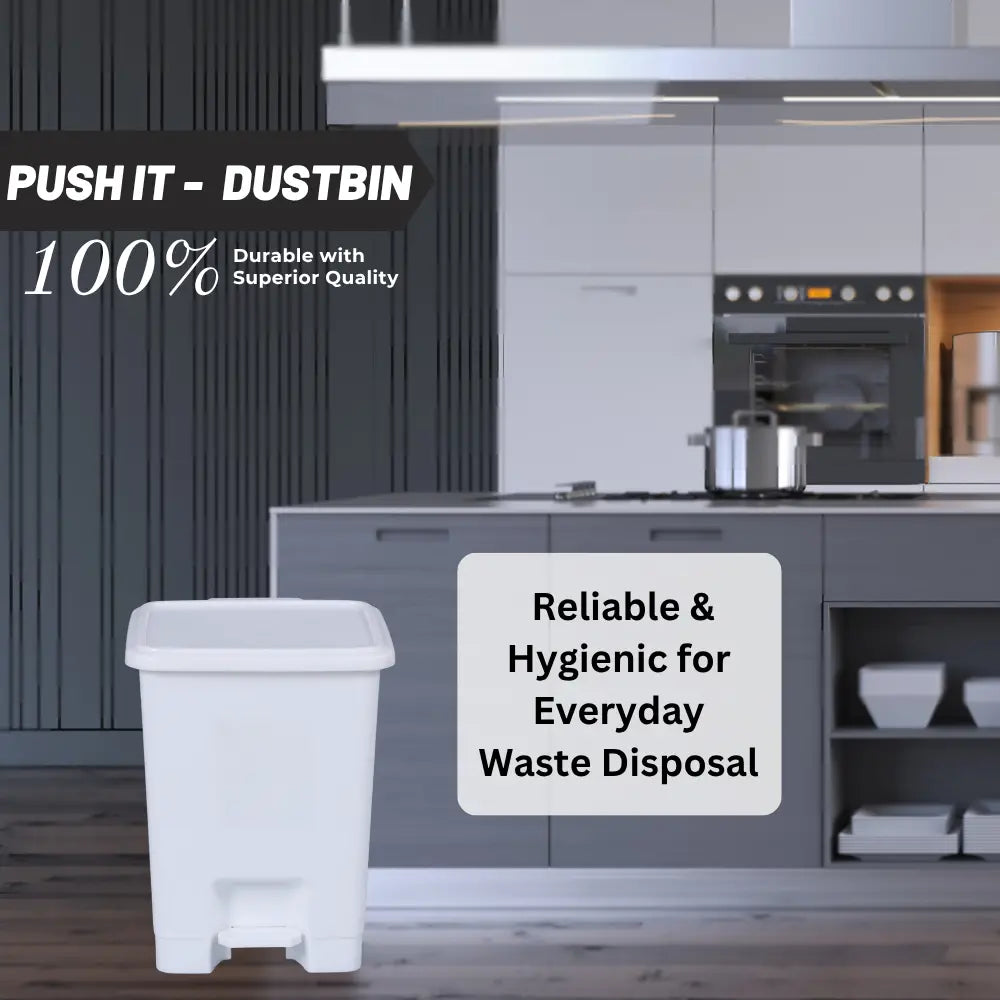 White trash bin in a modern kitchen with promotional text about durability and hygiene.