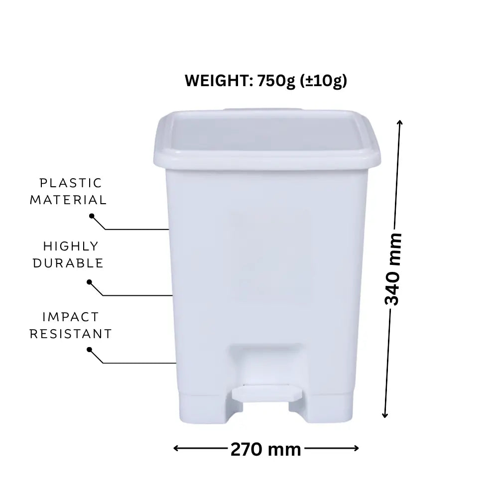 White plastic trash container with measurements and material properties