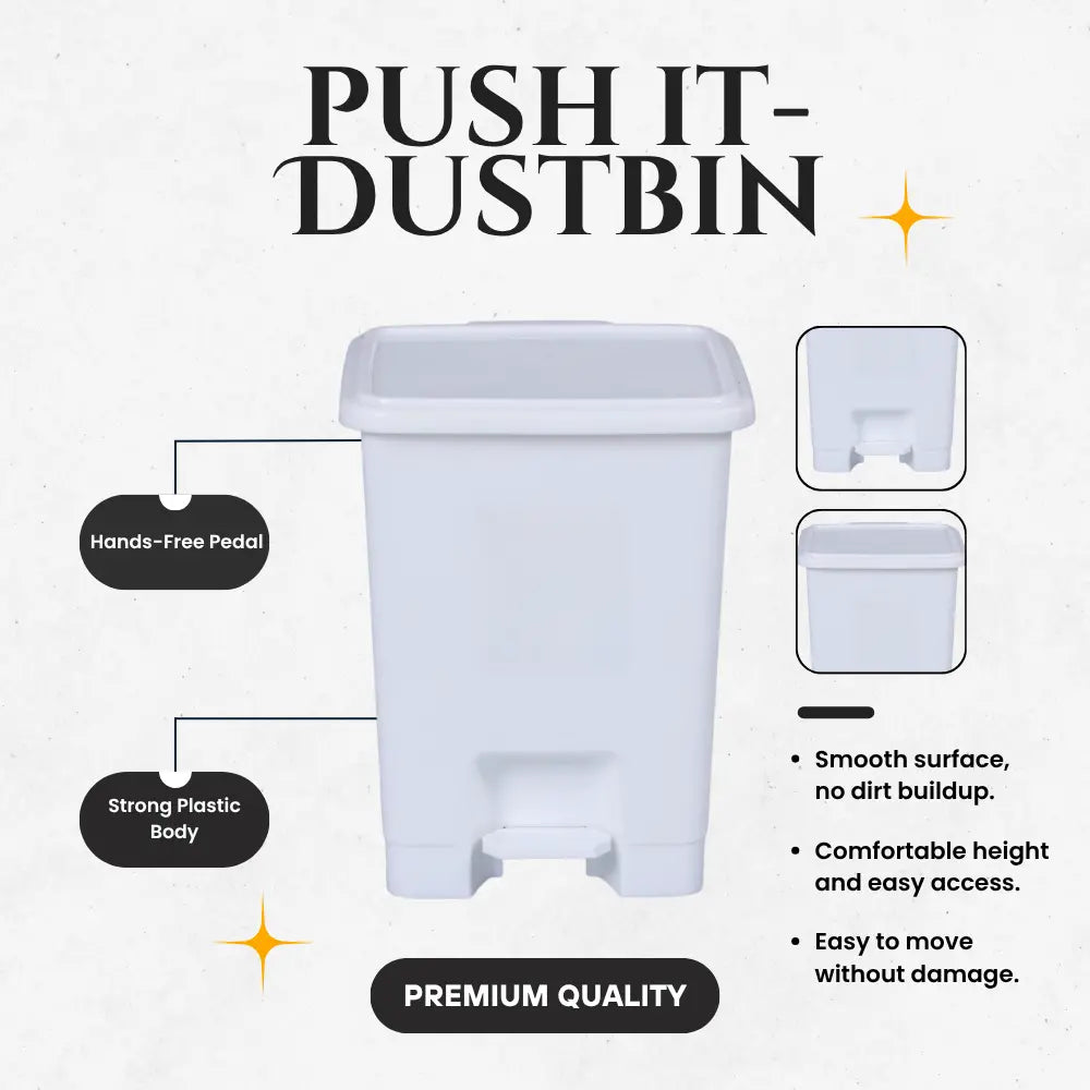 White push lid trash bin with features highlighted
