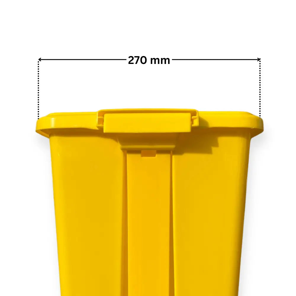 Yellow trash bin with dimensions indicated