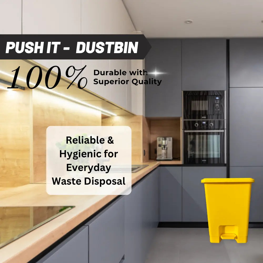 Yellow trash bin in a modern kitchen with promotional text about durability and hygiene.