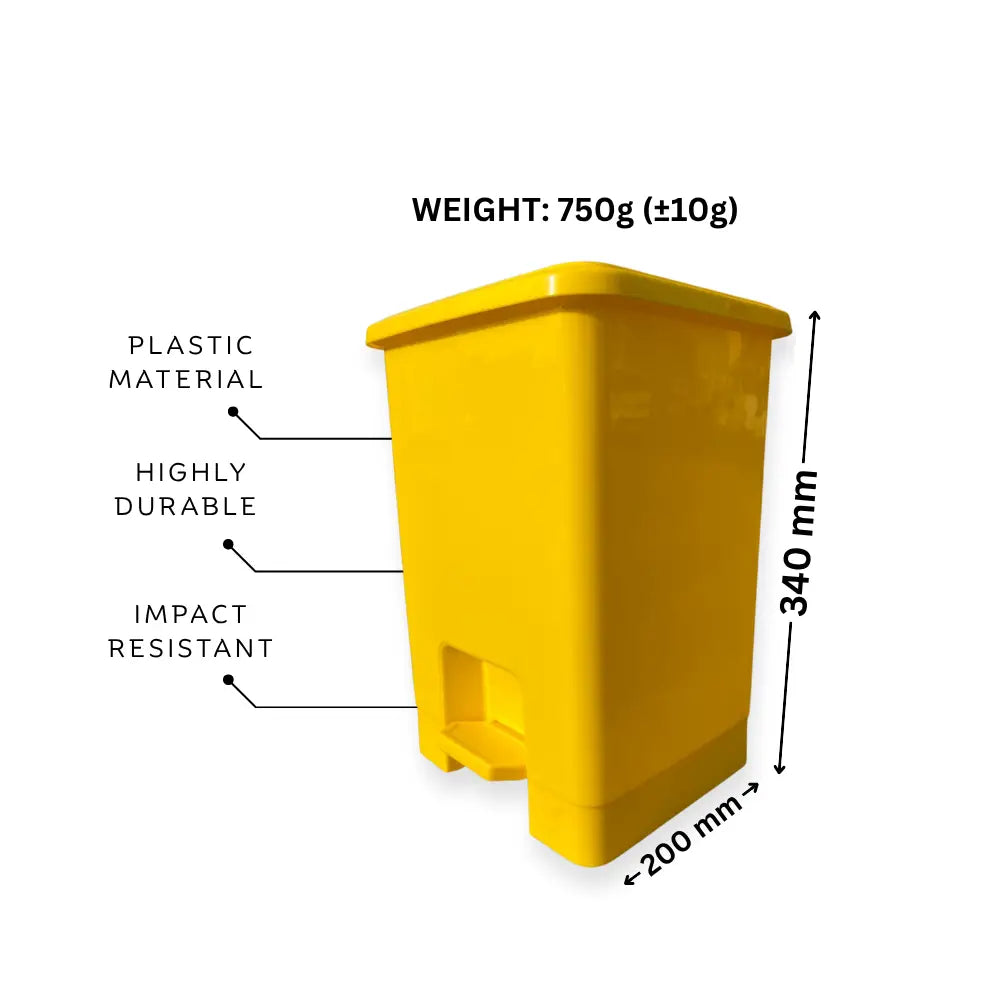 Yellow trash bin with weight, material, and dimensions labeled
