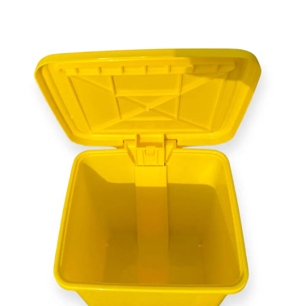 Yellow plastic trash container with open lid 