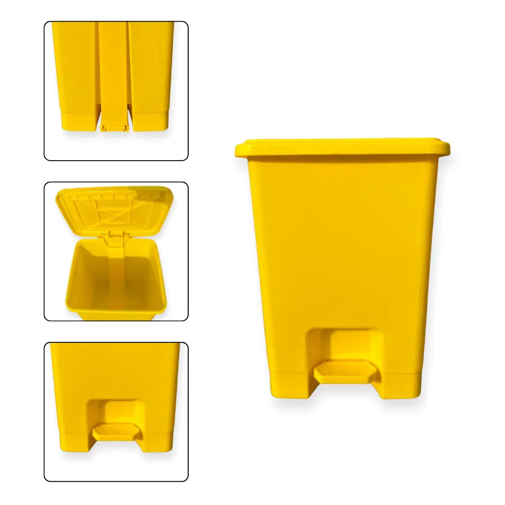 Yellow trash bin with step-on lid mechanism