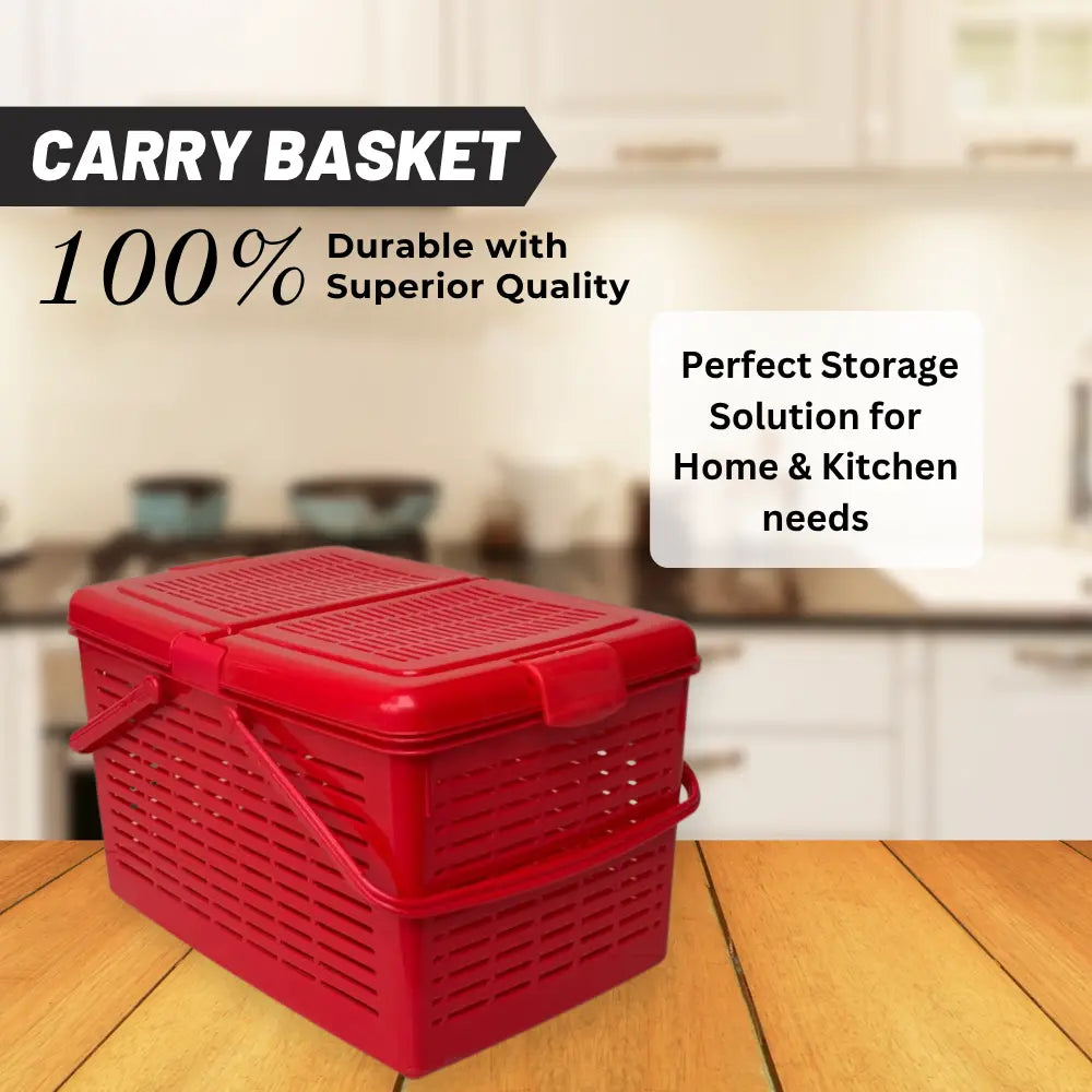 Red storage basket with a lid on a wooden surface, with text highlighting durability and suitability for home and kitchen use.