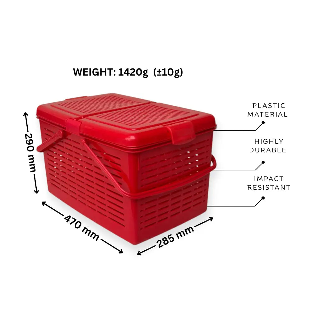Red storage basket with measurements and material properties