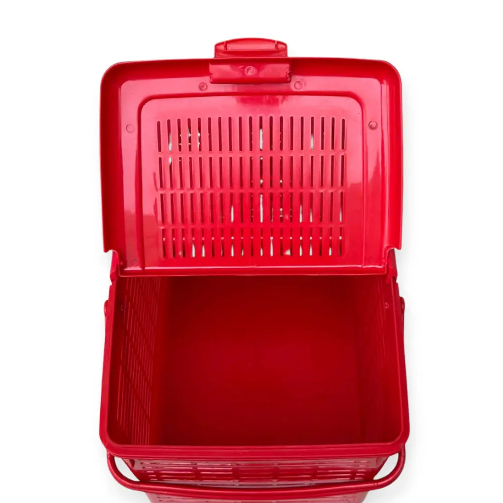 Red plastic storage basket with an open lid