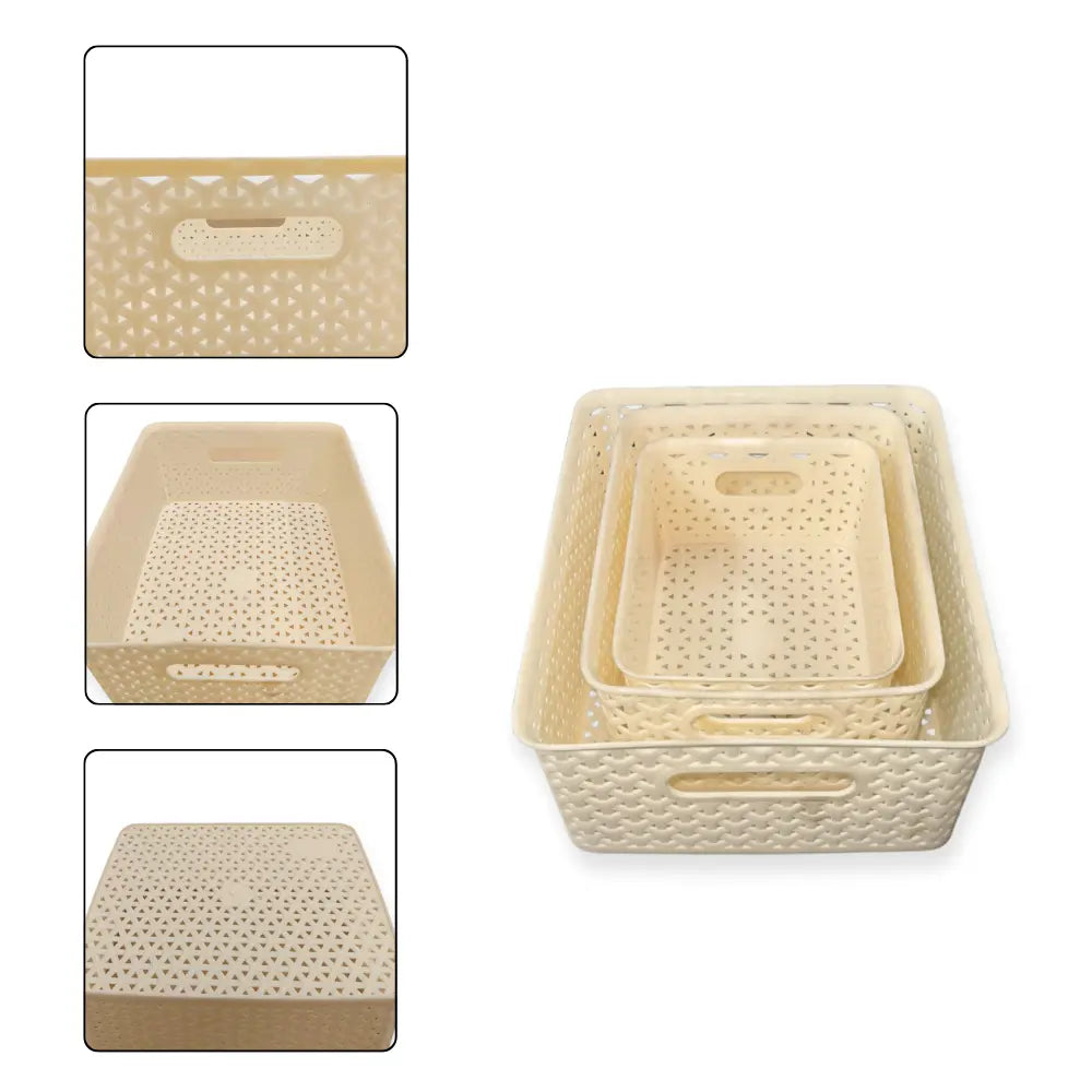 Pack of 3 beige woven storage baskets with handles