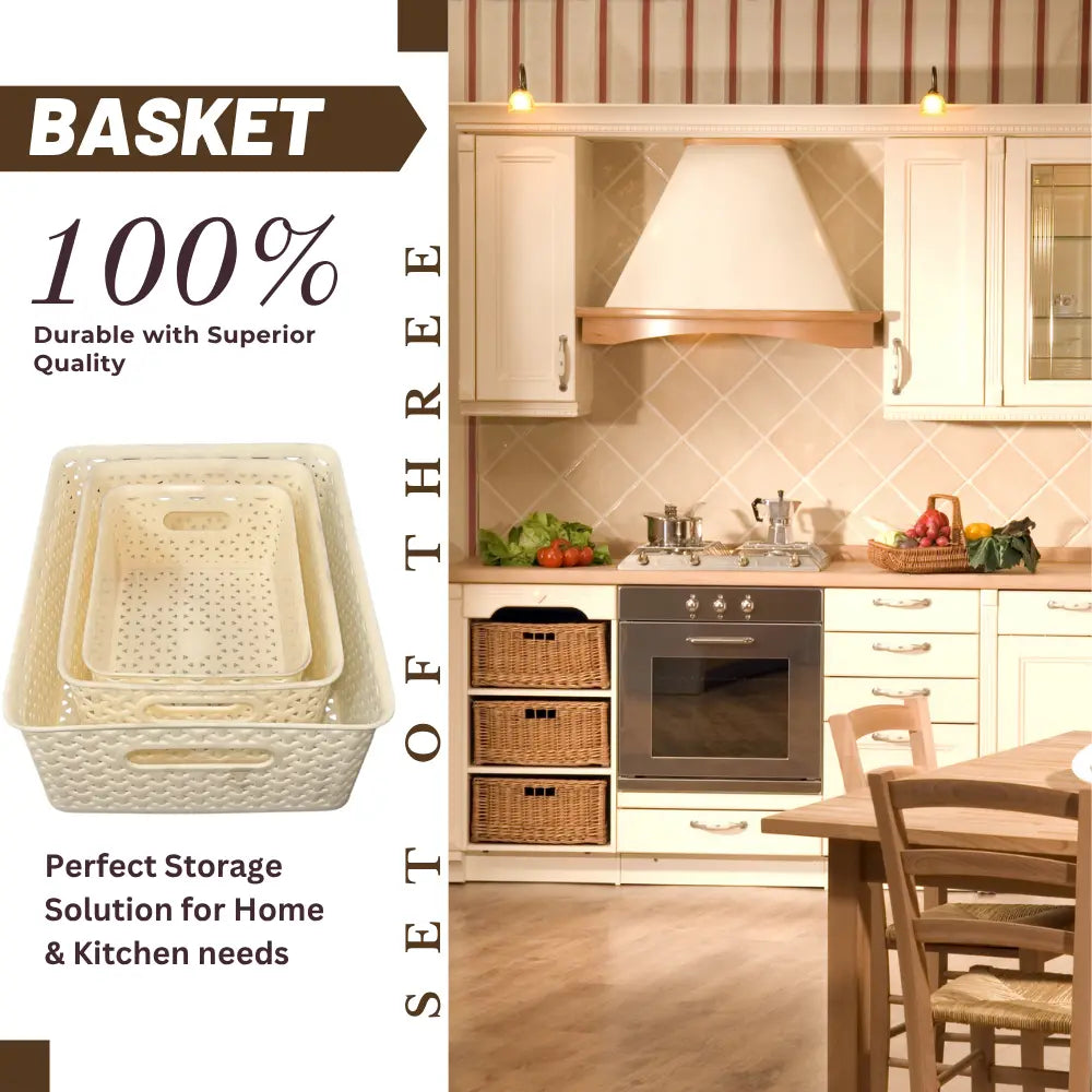 Set of three baskets with kitchen scene and text about durability and quality