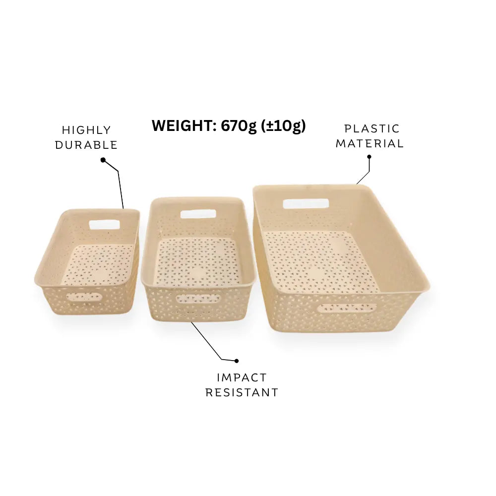 3 beige storage baskets