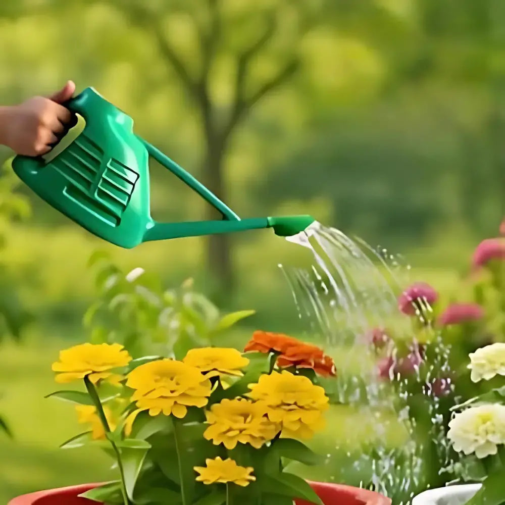 Person watering flowers with a green watering can in a garden setting