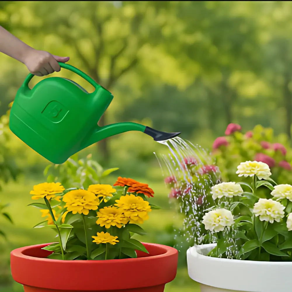 Person watering flowers with a green watering can in a garden setting