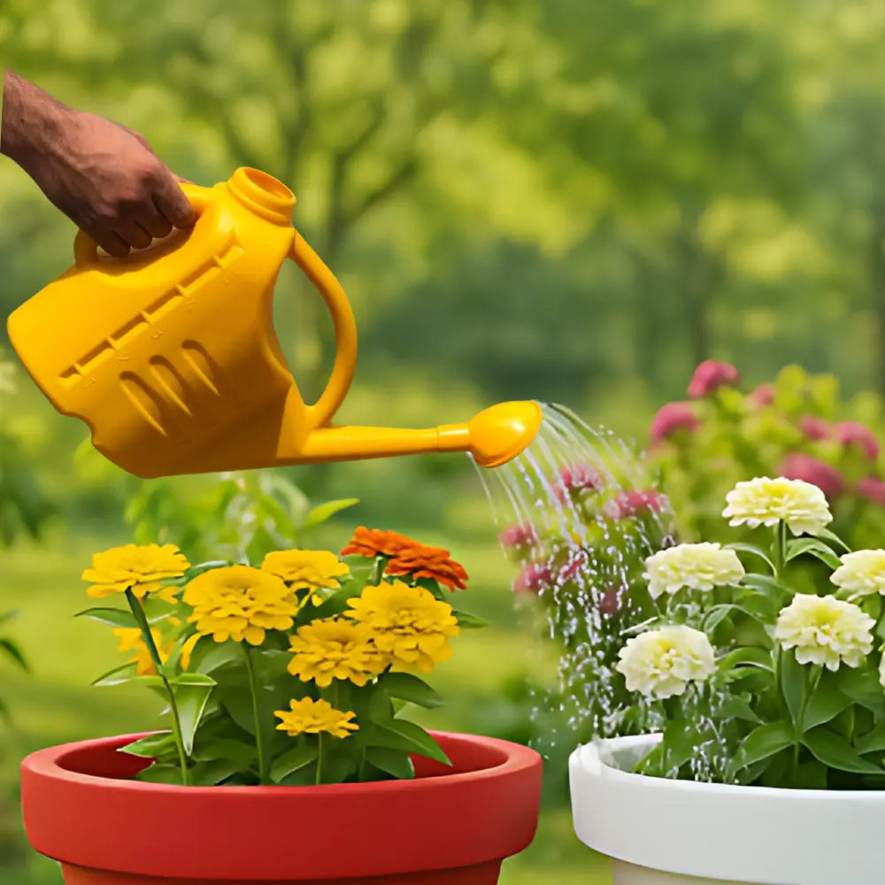 Person watering flowers with a yellow watering can in a garden setting