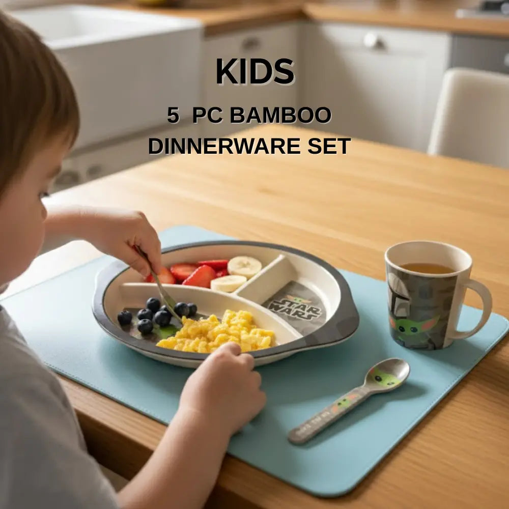 Child eating a meal with a 5-piece bamboo dinnerware set on a table.