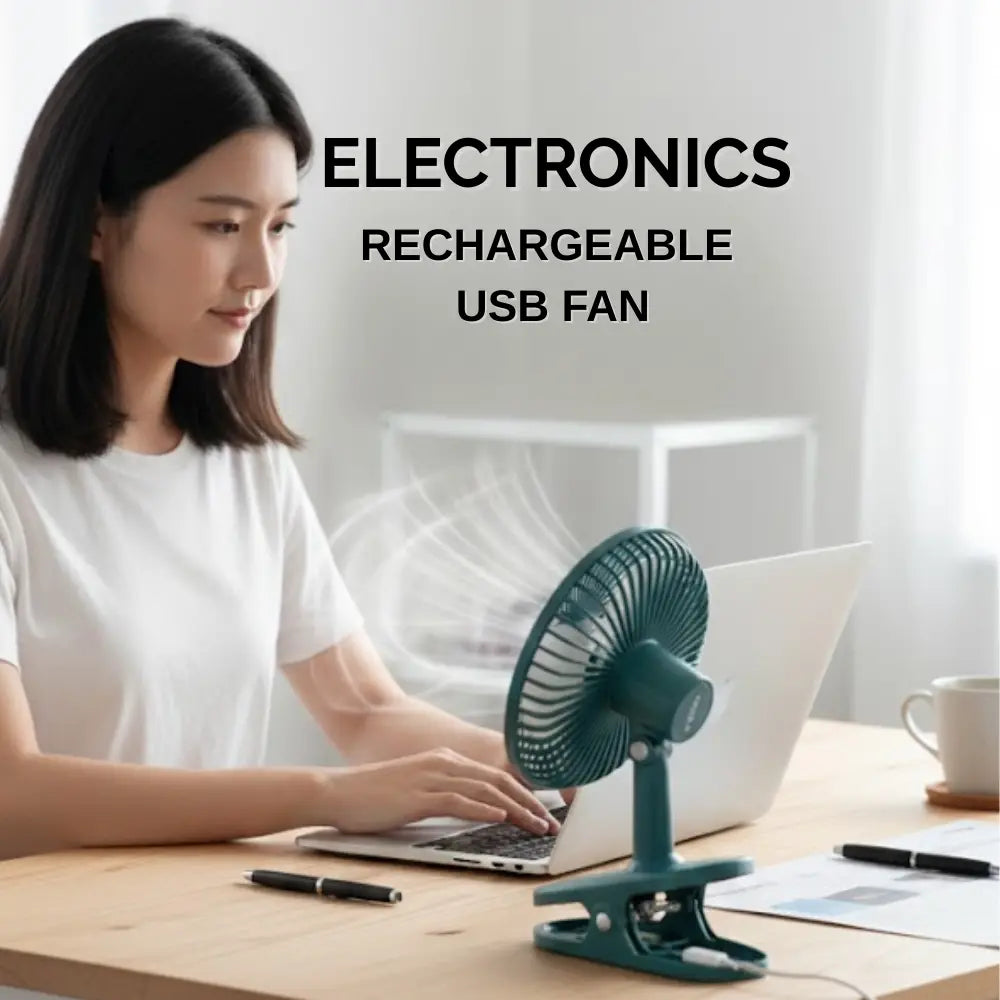 Woman using a laptop with a rechargeable USB fan on a desk