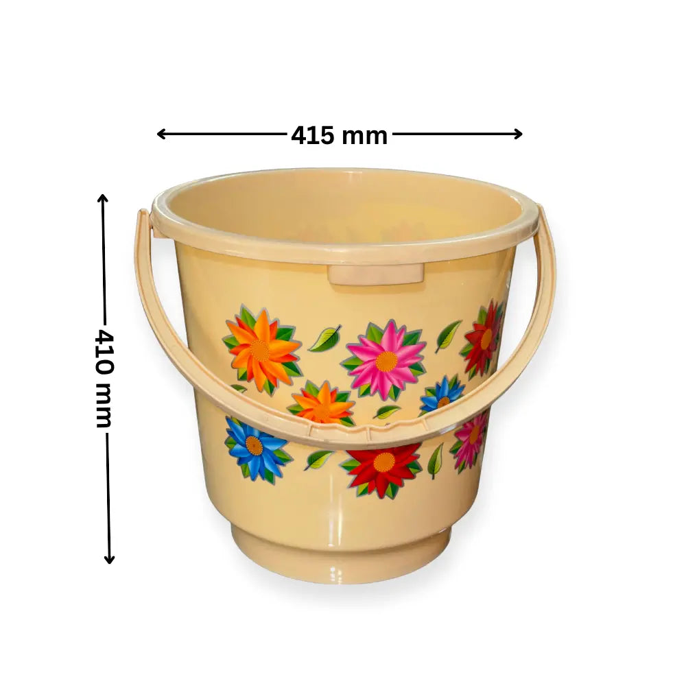 Beige bucket with floral designs and measurements