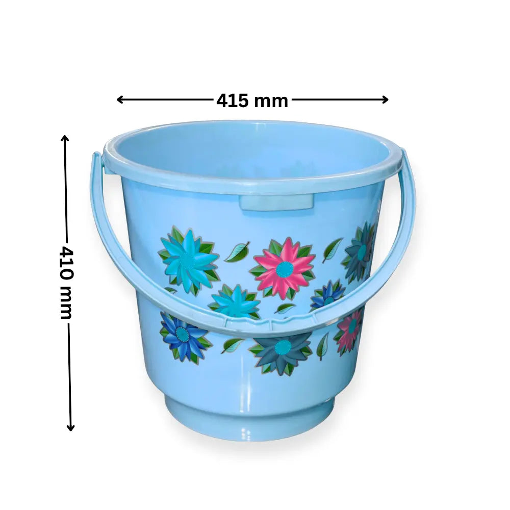 Blue bathroom water bucket with floral designs and measurements