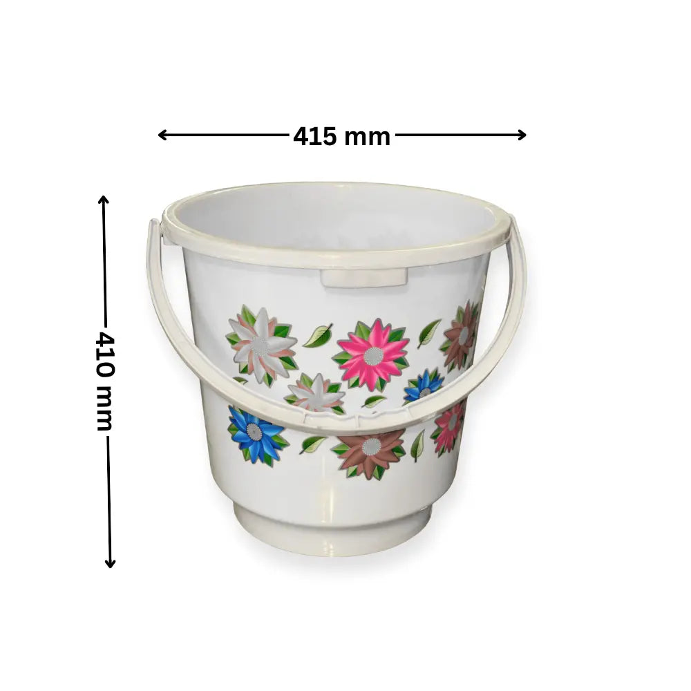 White water bucket with floral patterns and measurements