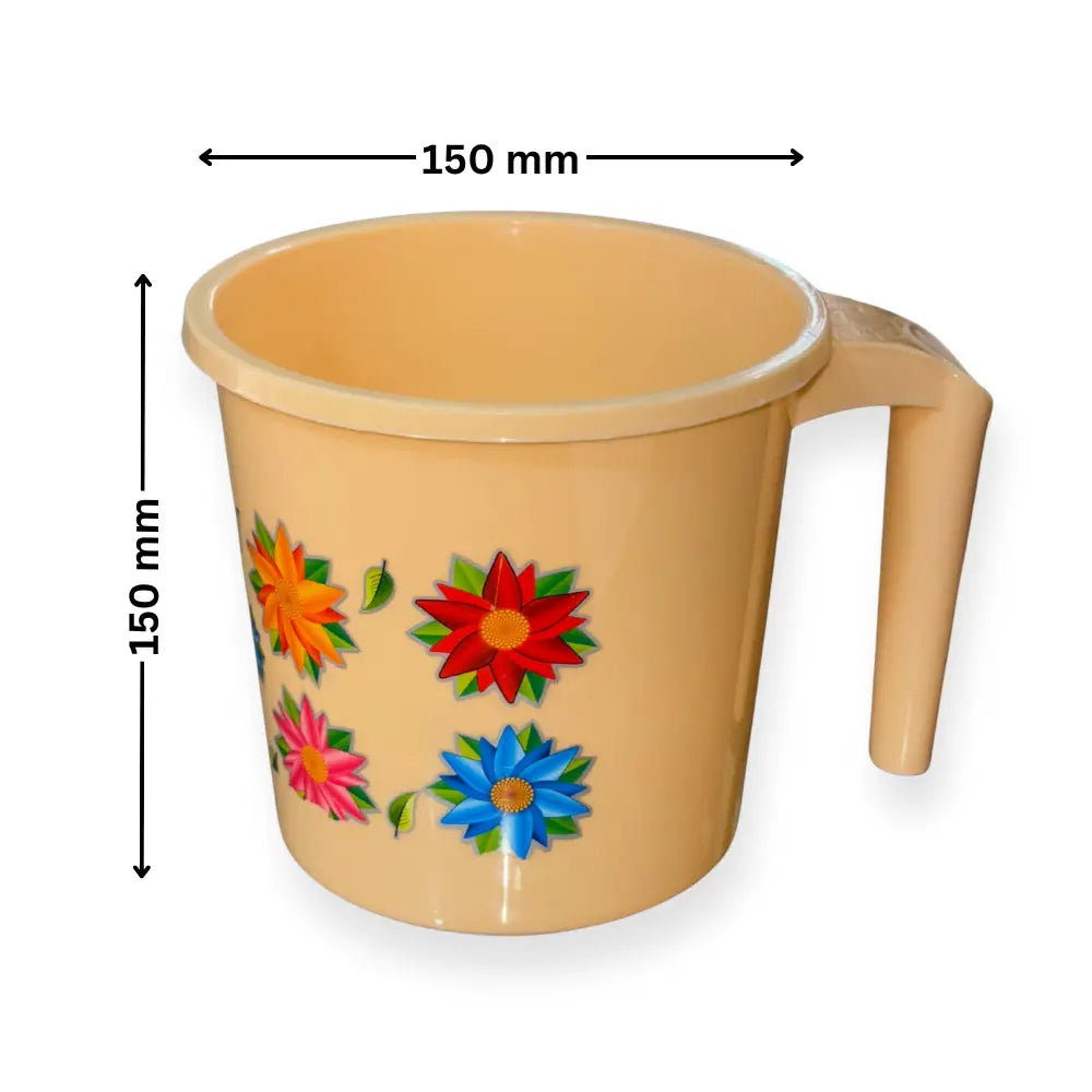 Beige bathroom mug with floral designs and measurements