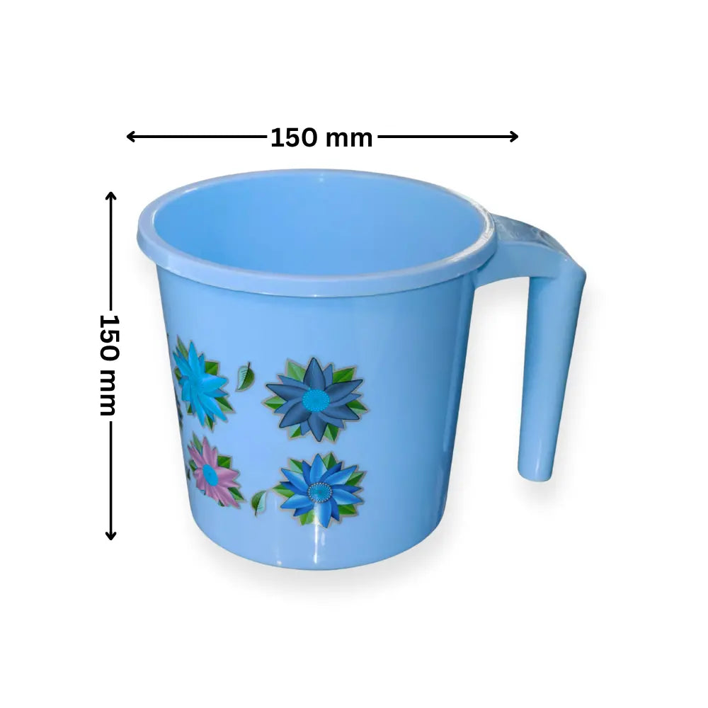 Blue water cup with floral designs and measurement