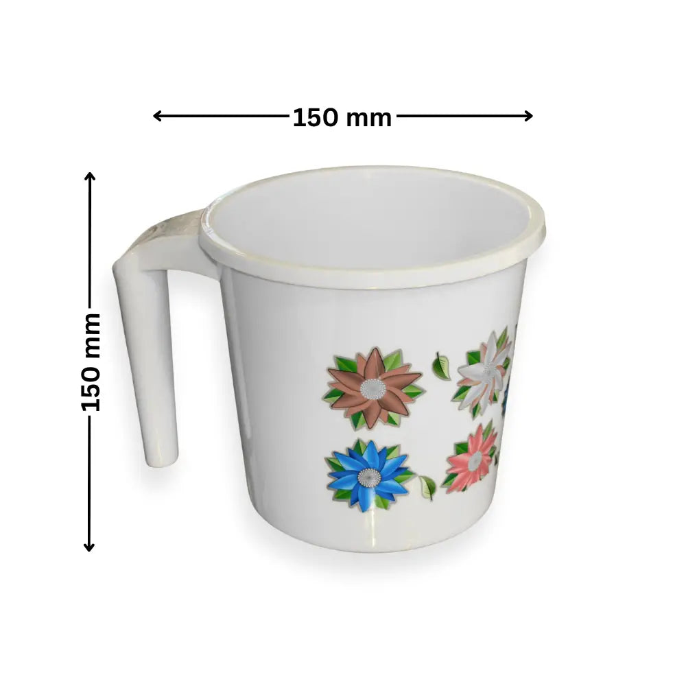 White water mug with floral designs and dimensions labeled