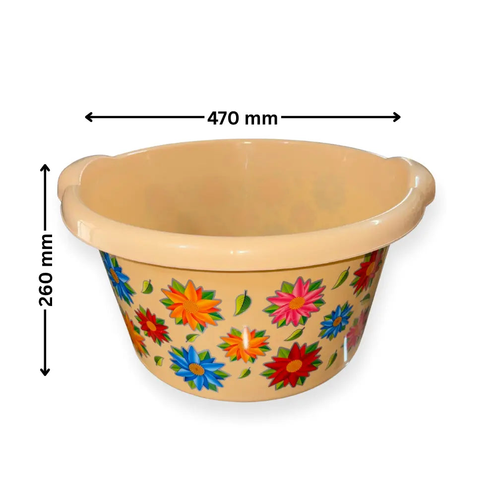 Decorative beige water tub with floral patterns and dimensions