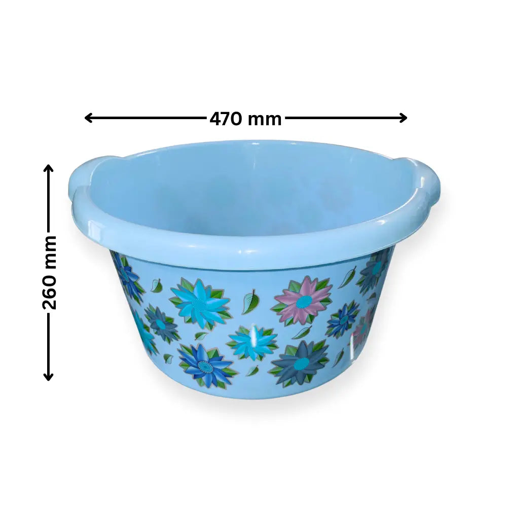 Blue floral-patterned water tub with measurements