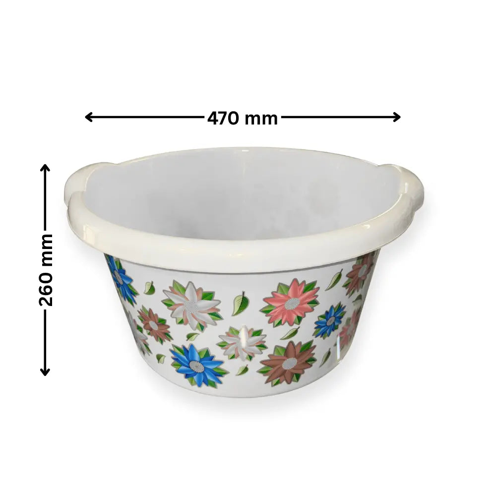 Floral-patterned white water tub with measurements