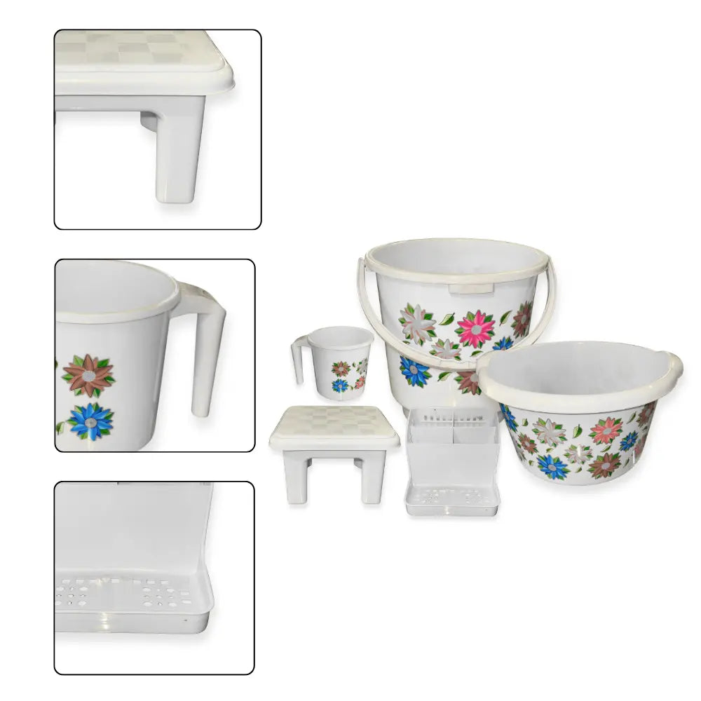Set of floral-patterned bathroom accessories including a bucket, cup, and stool