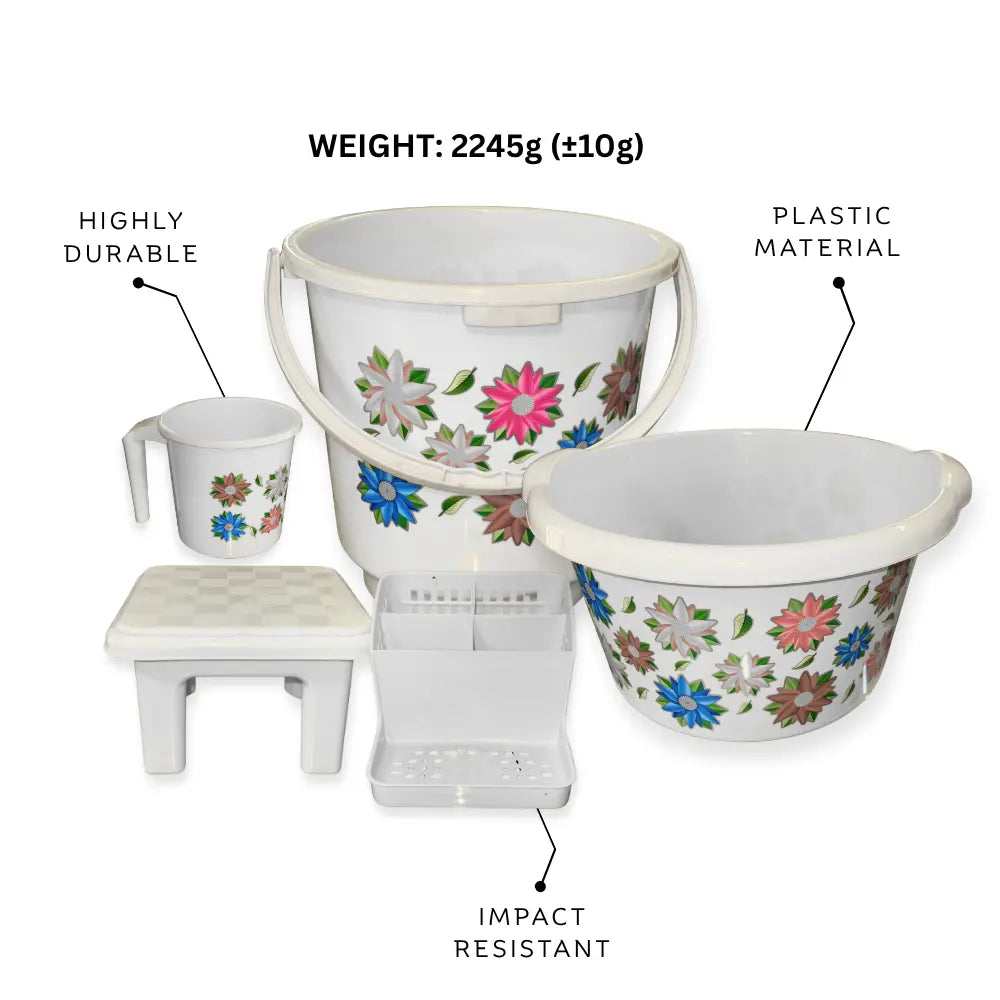 Set of white bath set including bathroom accessories with floral designs featuring text labels about weight, material, durability, and impact resistance.