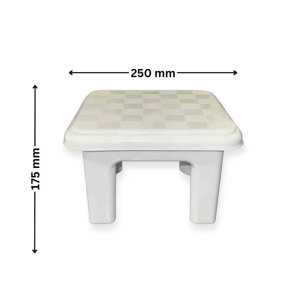White bathroom stool with dimensions labeled