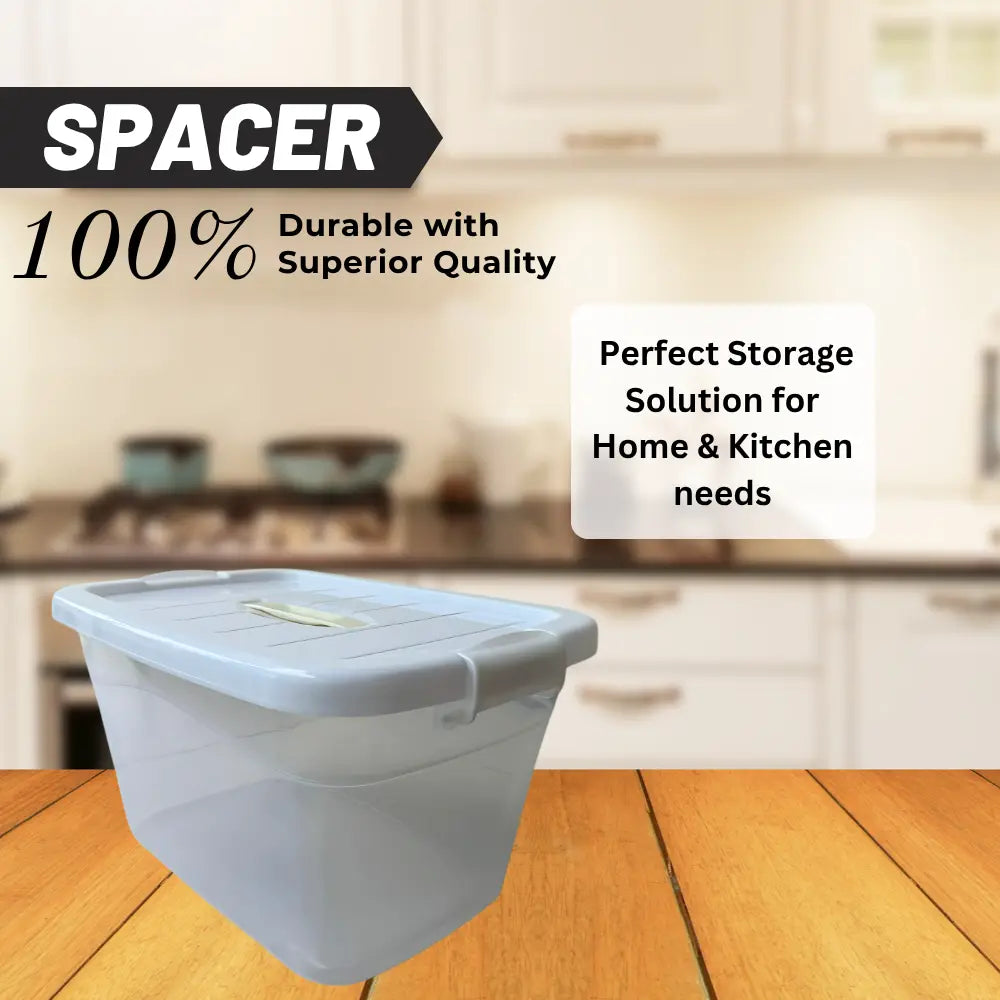 Spacer Storage container with lid on a wooden surface, labeled as a durable storage solution for home and kitchen use.