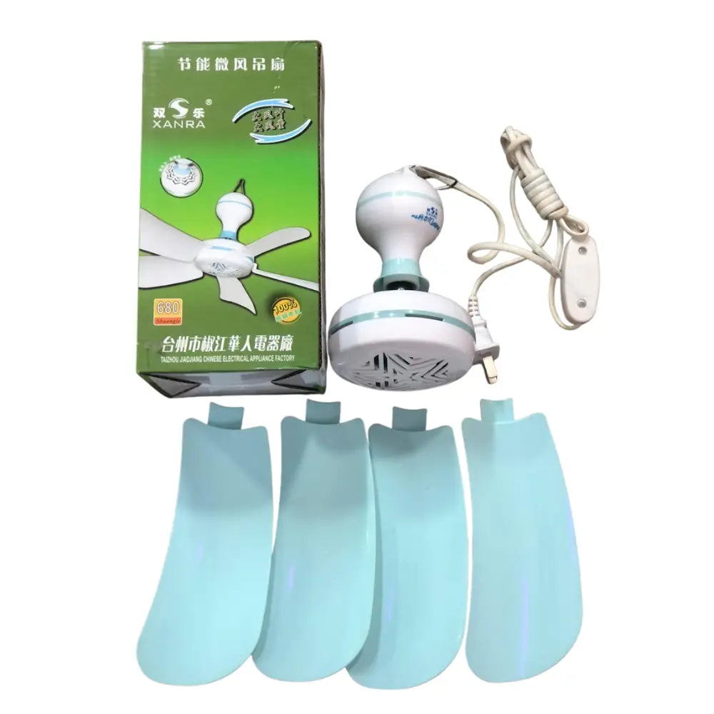 Xanra Ceiling fan with blades, motor, and packaging