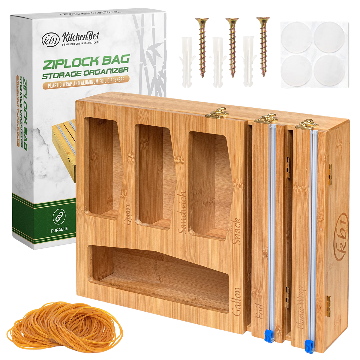 KitchenBe1 Bamboo Ziplock Bag Storage Organizer with Wrap Dispenser